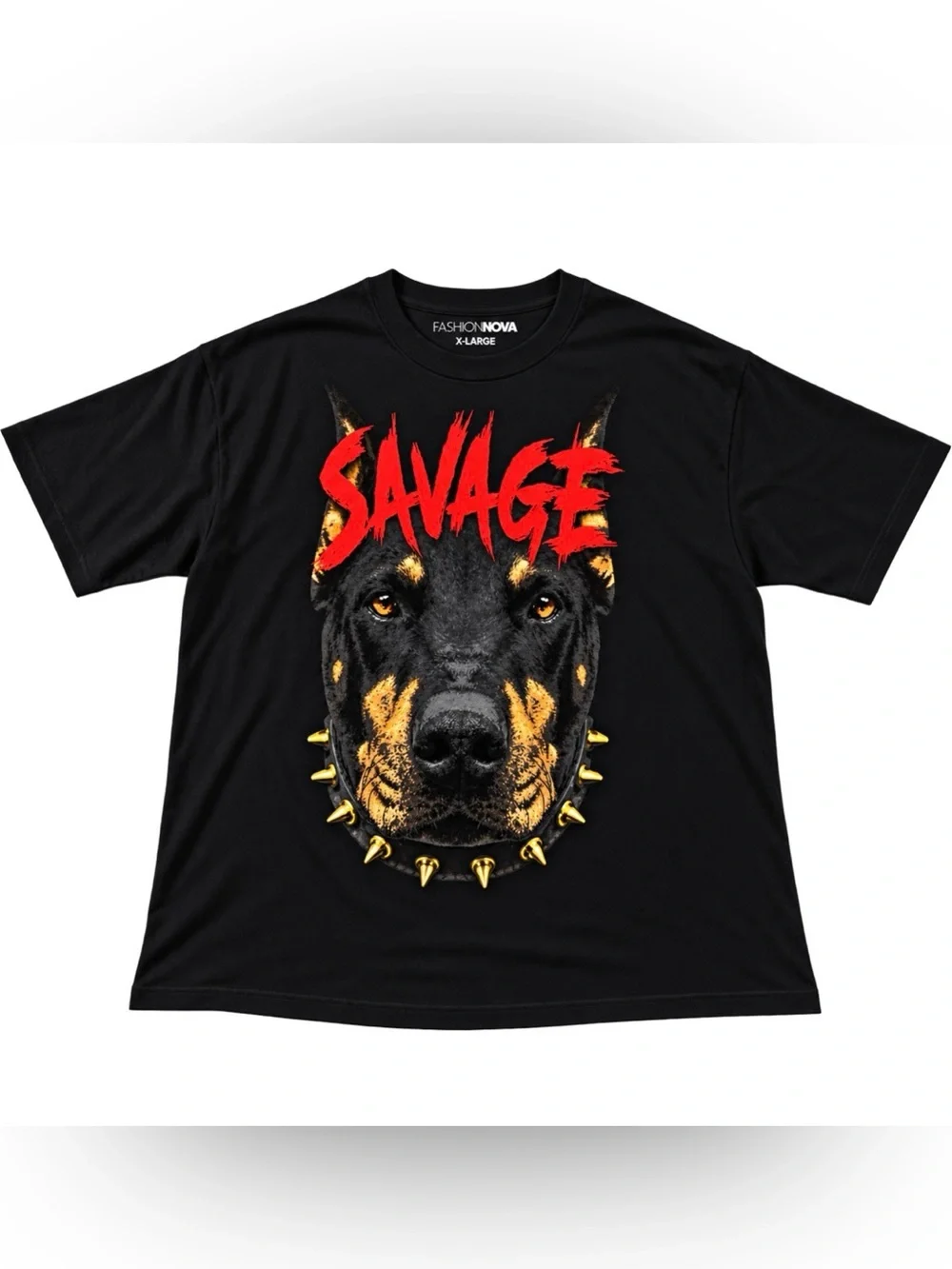 Fashion Nova Black Tee with Red 'Savage' Doberman Graphic